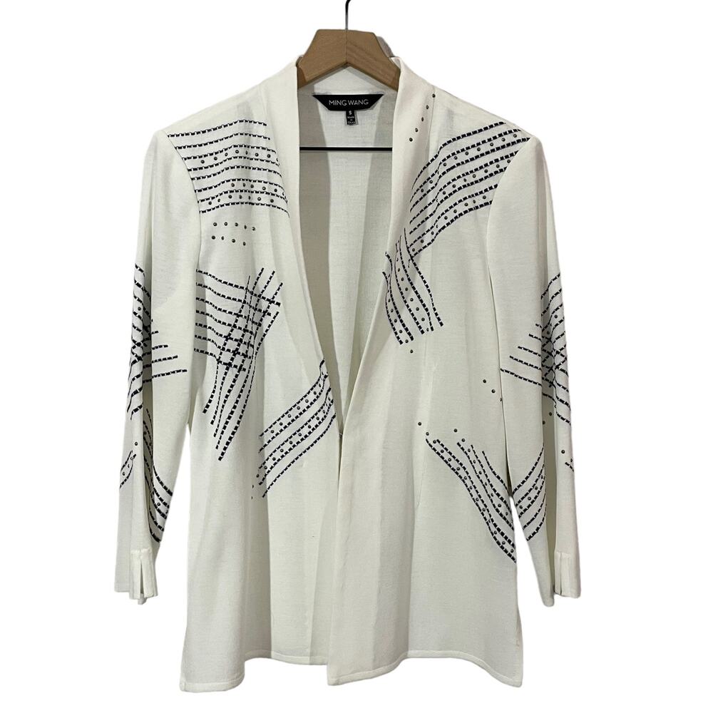 Ming Wang Embroidered Knit Cardigan Jacket - White - Small